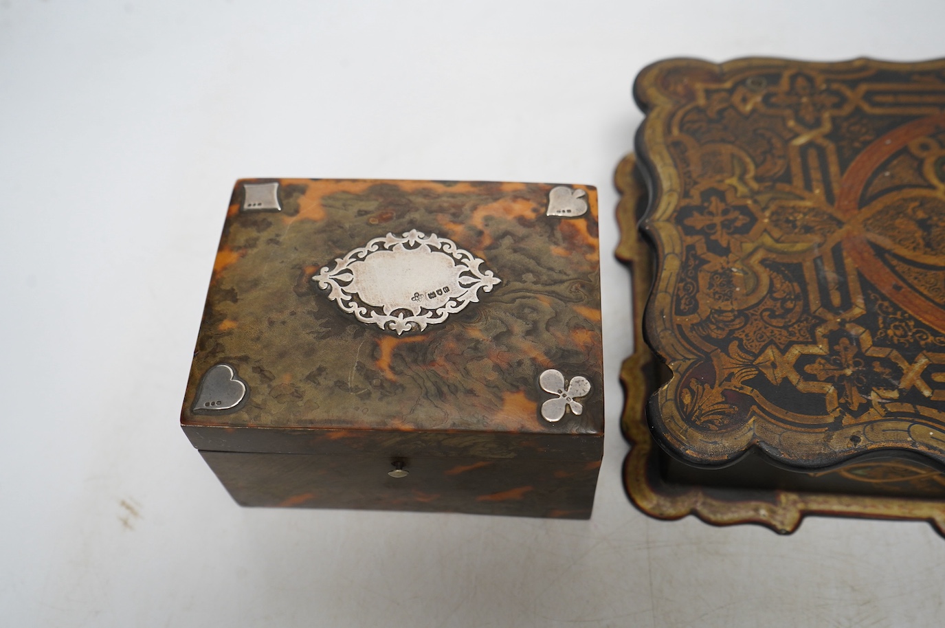 A Victorian silver mounted tortoiseshell playing card box and a similar papier mache box. Condition - poor to fair